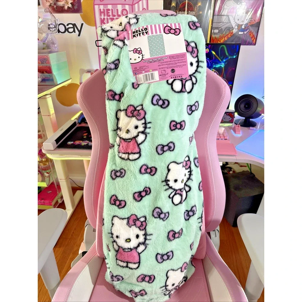 Hello Kitty Throw Blanket Ultra Fine Faux Green Fur Bowtastic Pink 2024 Sanrio